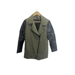 H&M Army Green Trench Coat Faux Leather Sleeve Asymmetric Zip Moto Jacket Sz 10